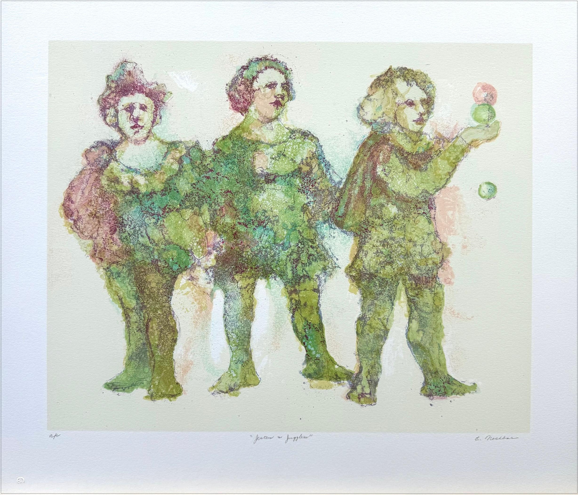 Unknown Figurative Print - JESTERS AND JUGGLERS Signed Lithograph, Shakespeare, Pastel Colors, Green