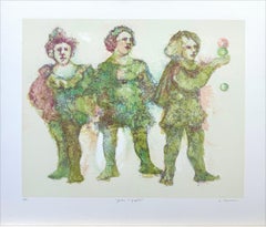 JESTERS AND JUGGLERS Signed Lithograph, Shakespeare, Pastel Colors, Green