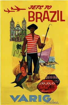 Jet to Brazil Varig Airlines original Vintage travel poster