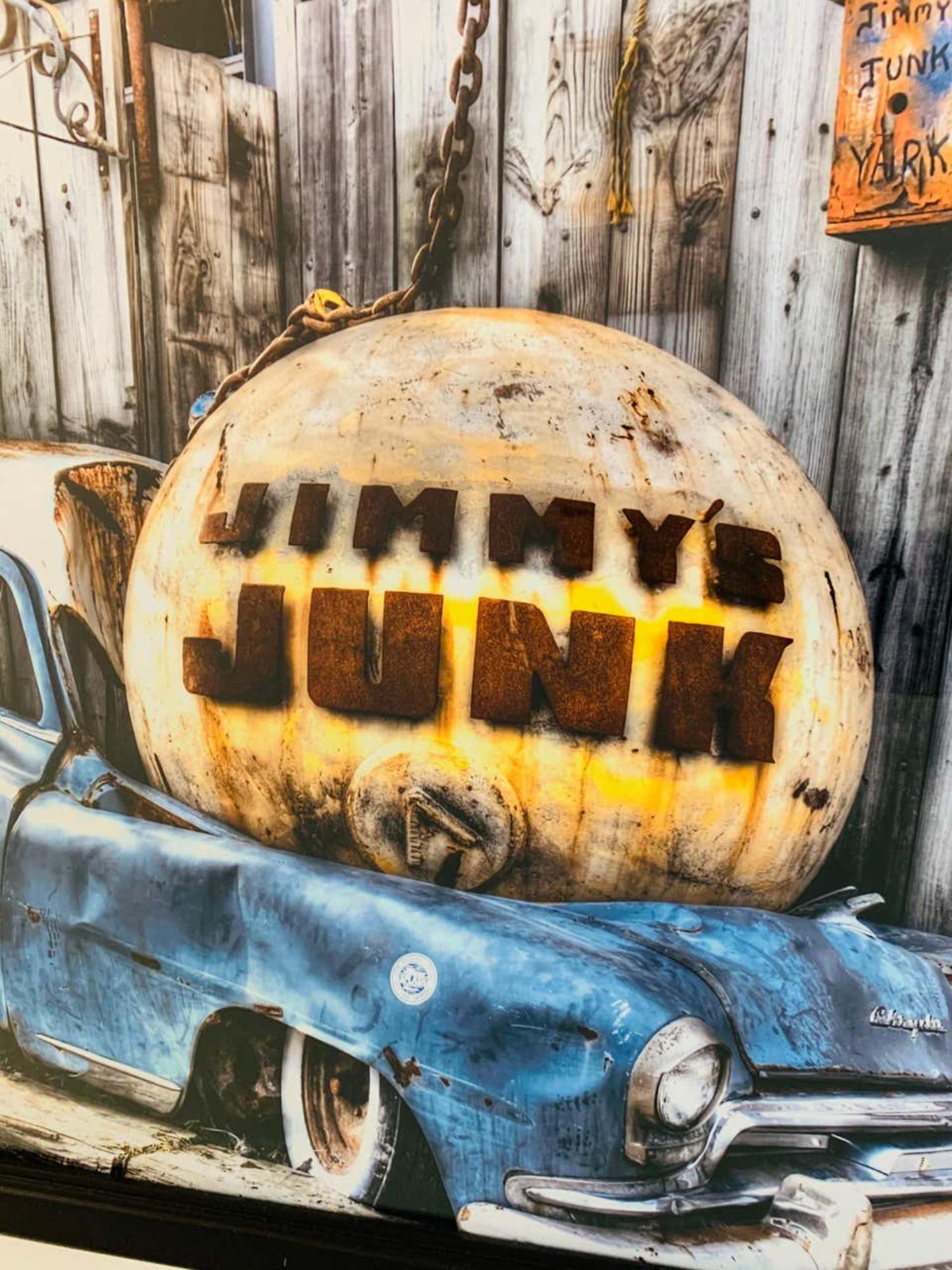 A multi-color print featuring the legendary Jimmy's junkyard entrance. The neighborhood junk yard located on Buffalo Ave in Freeport has been around since 1930s and was acquired by its current owner, Jimmy Ruocco in 1984. Jimmy has since then