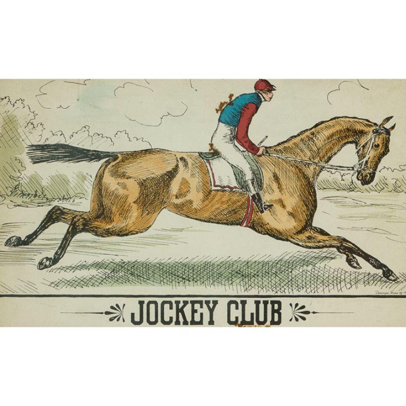 Hand-coloured print featuring a French jockey up on racehorse promoting Dominique Neckties of Paris France 1963

Art Sz: 10 1/4
