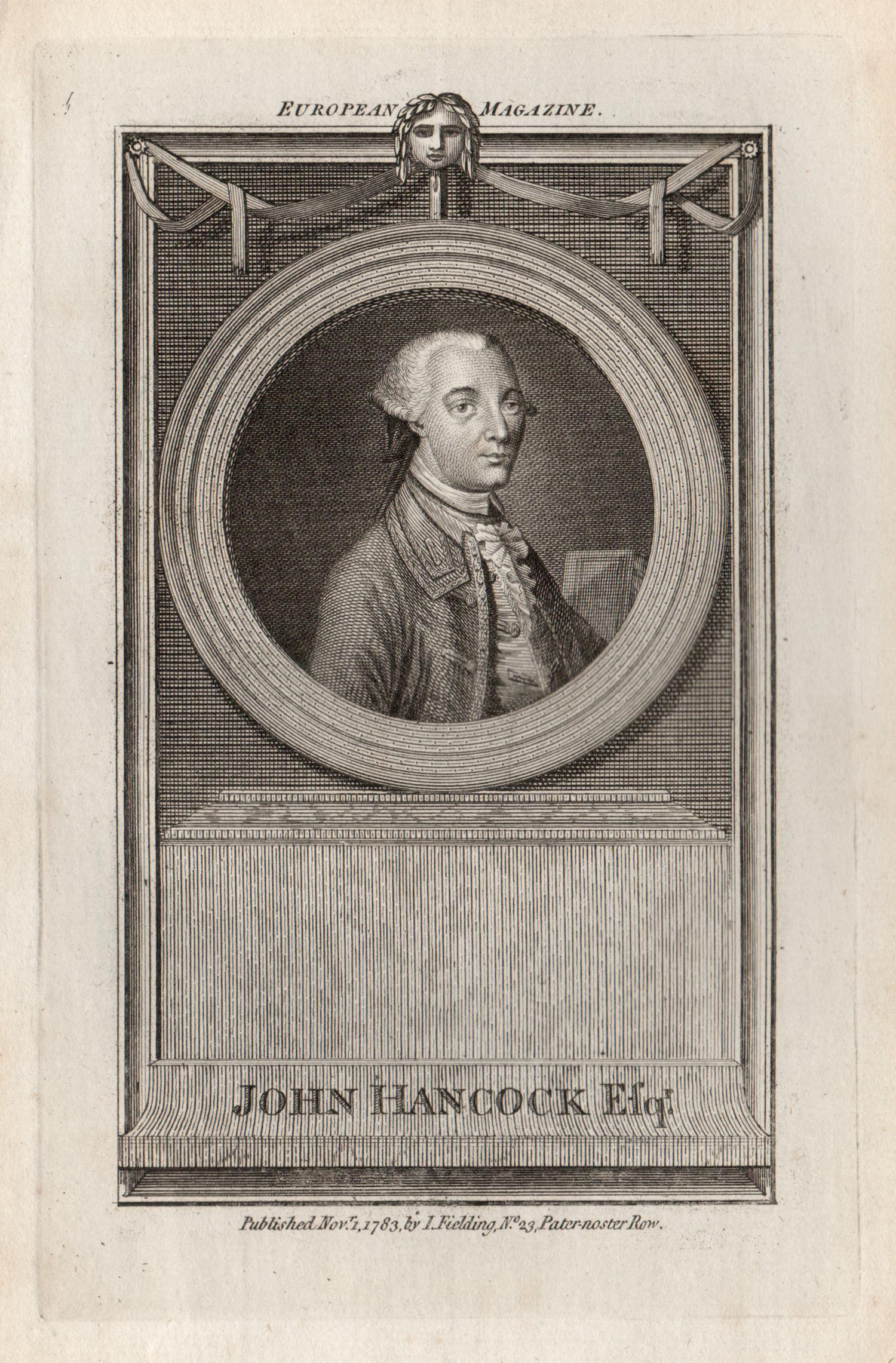 Unknown Portrait Print - John Hancock, Patriot of the American Revolution, portrait engraving, 1783