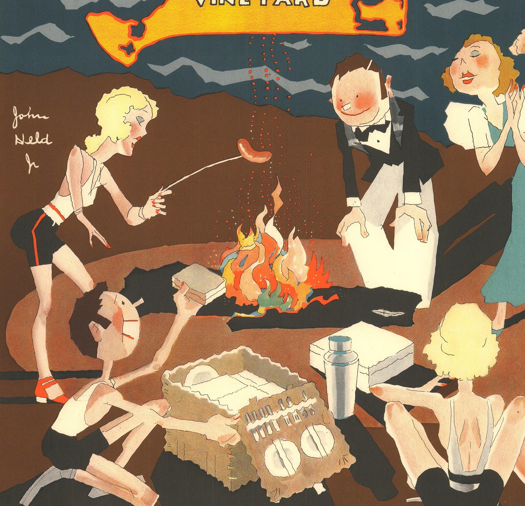 This vibrant reproduction celebrates a classic travel poster originally created by John Held to promote the New York, New Haven and Hartford Railroad Co. and the idyllic charm of Martha’s Vineyard. With his signature humor and lively style, Held