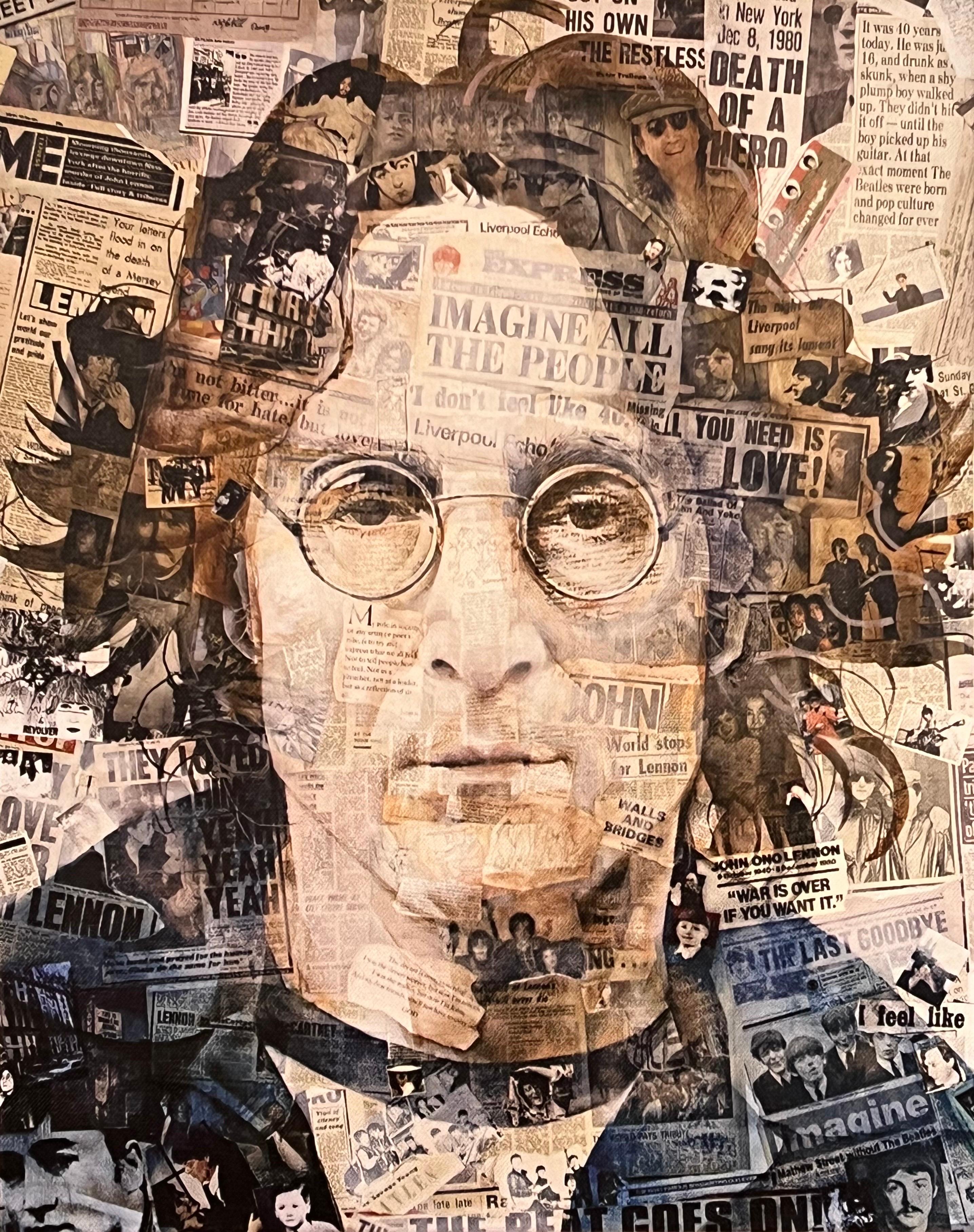 Unknown Portrait Print – John Lennon Collage Druck auf Leinwand - Kunstwerk basierend auf den Beatles