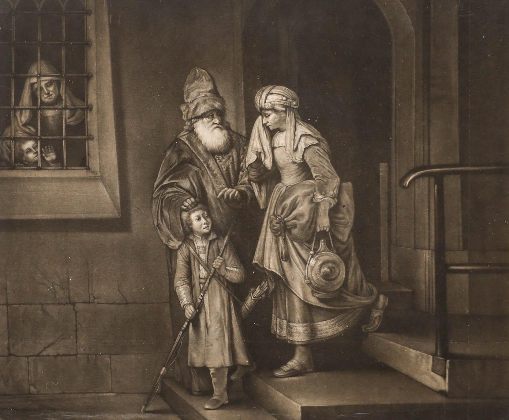 John Spilsbury (1730-1795) after Rembrandt - 18thC Mezzotint, Hagar's Departure - Print by Unknown