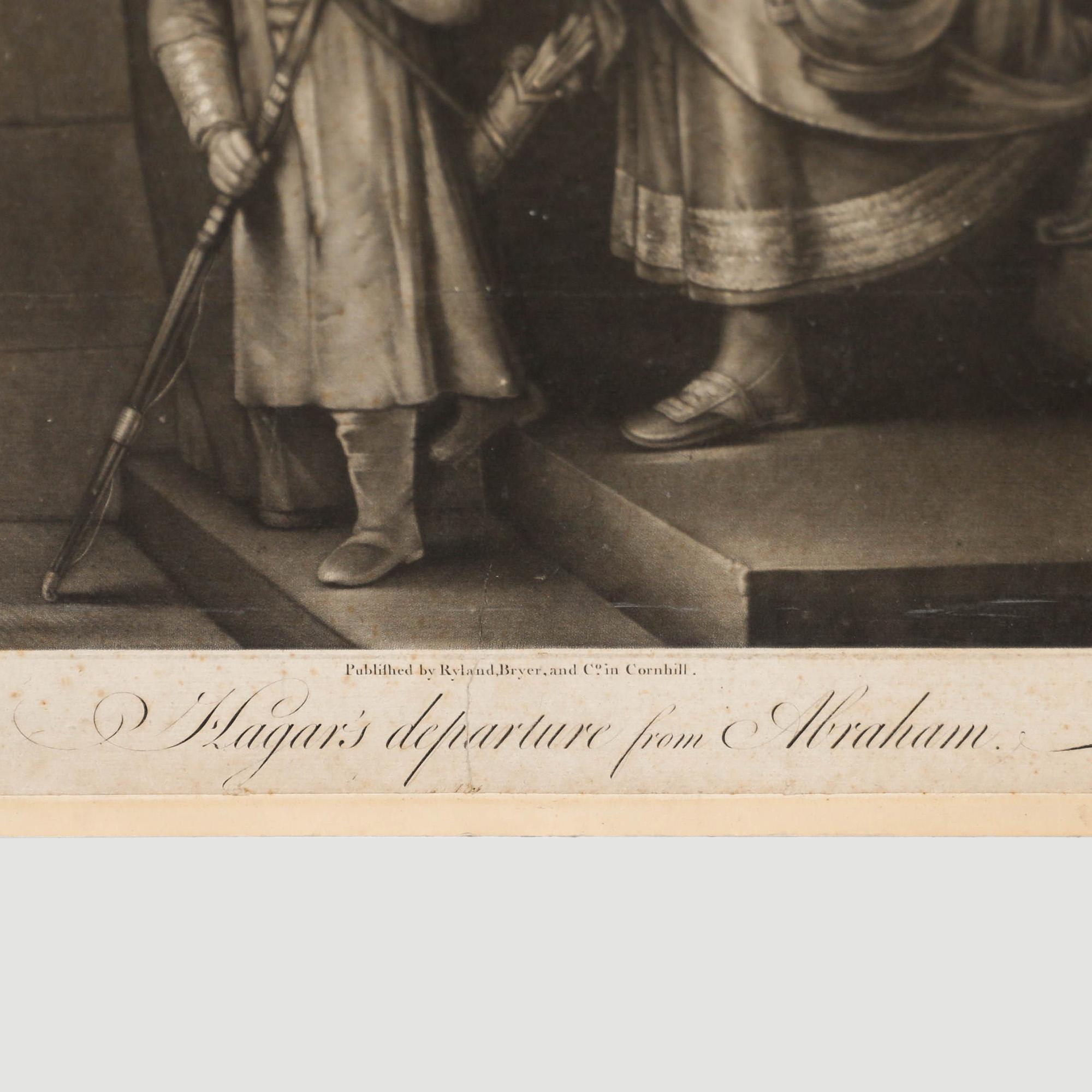 John Spilsbury (1730-1795) after Rembrandt - 18thC Mezzotint, Hagar's Departure - Black Figurative Print by Unknown