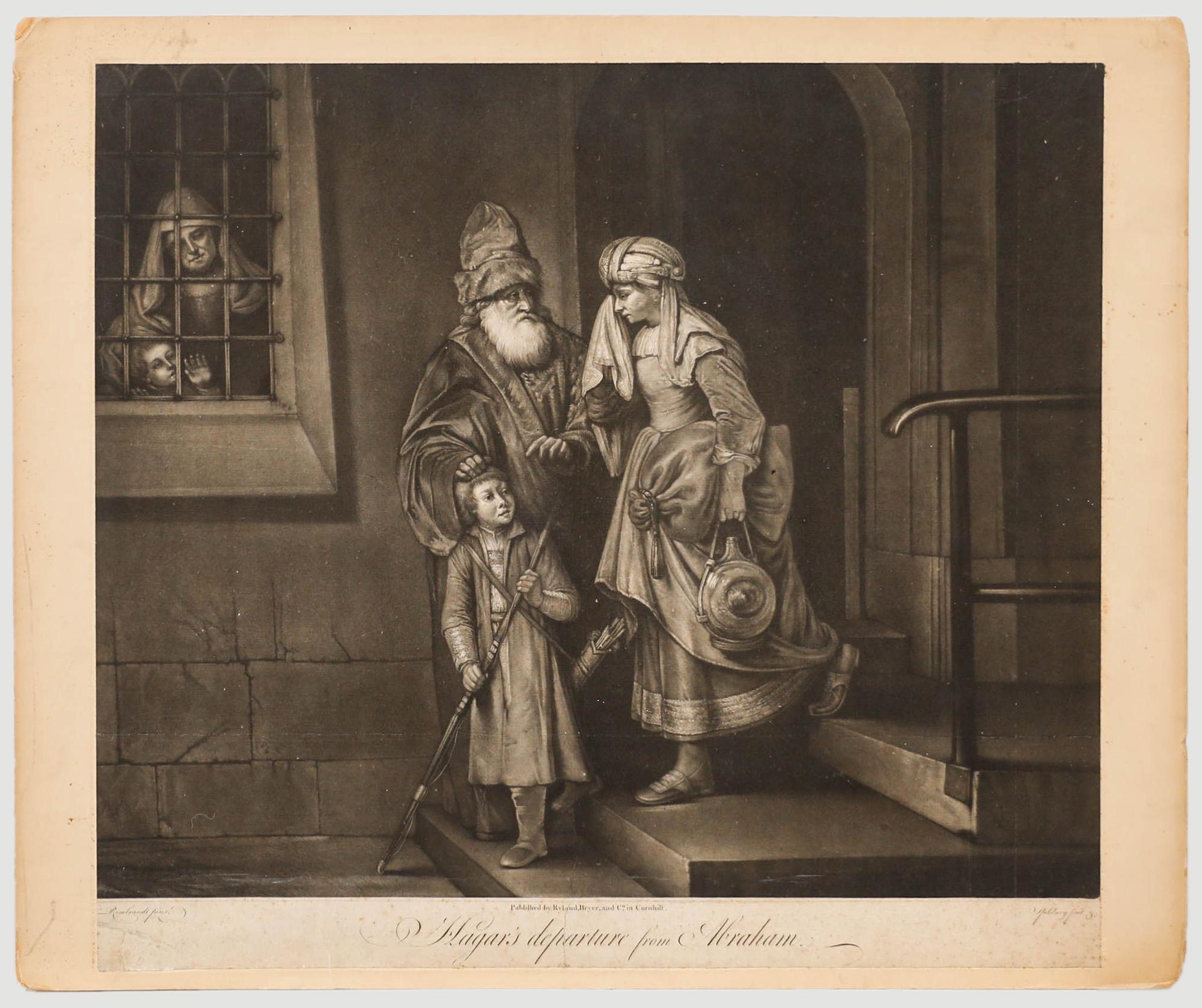 Unknown Figurative Print - John Spilsbury (1730-1795) after Rembrandt - 18thC Mezzotint, Hagar's Departure
