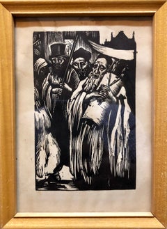 Judaica Woodcut Print Jewish Rabbi Hachnasas Torah Procession Woodblock