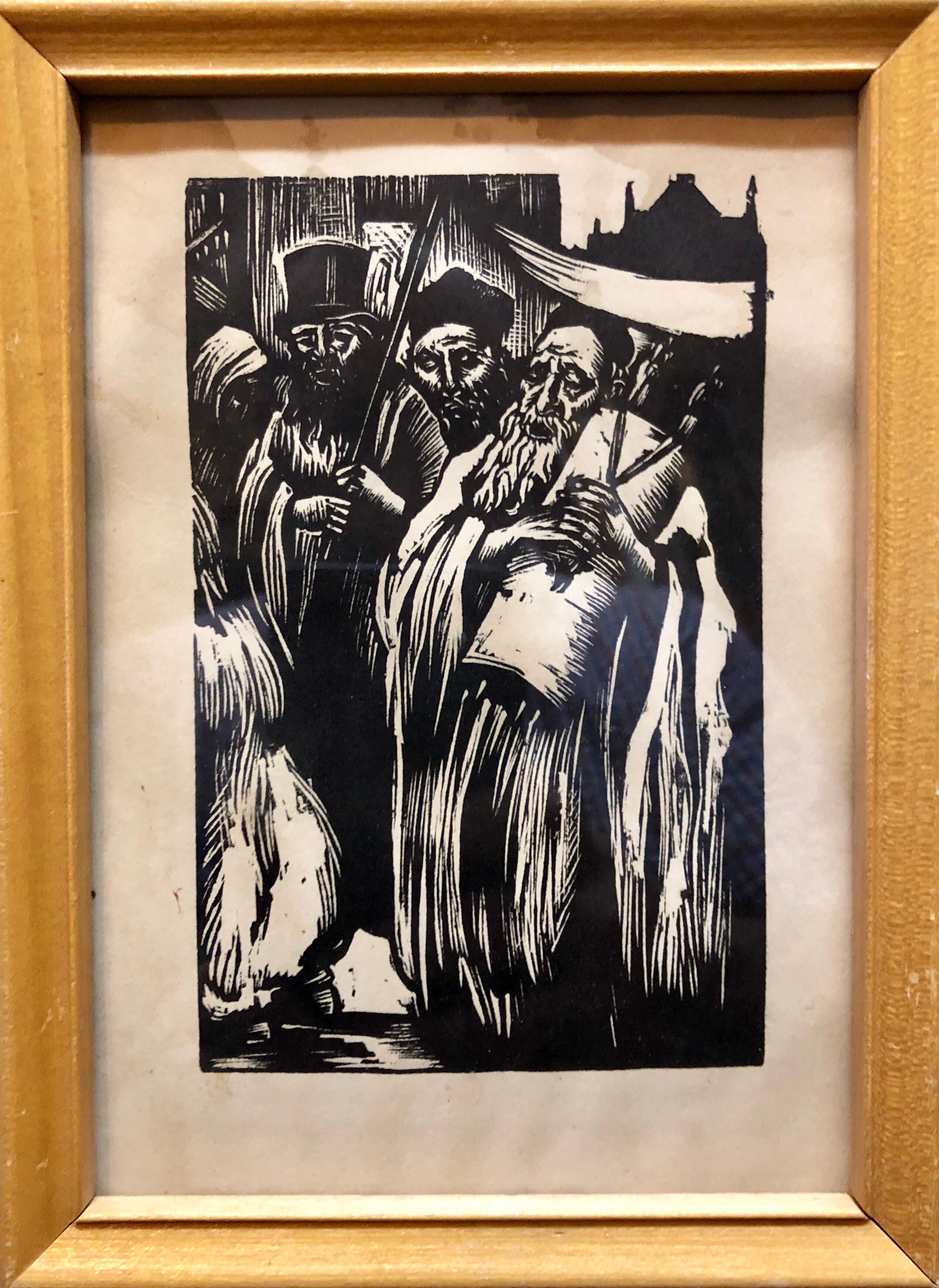 This does not appear to be signed. not examined out of frame. In the manner of Frans Masereel here is an old woodblock print of a Jewish religious scene of the induction of a new torah in a procession with a chuppah, wedding canopy. In the tradition