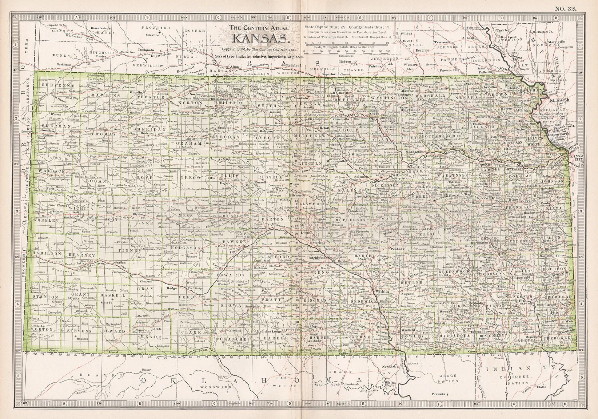 Kansas, United States of America, Century Atlas state antique vintage map