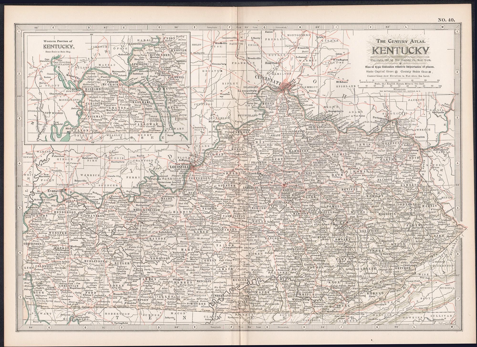 Kentucky. USA. Atlante di stato Century Atlas antica mappa d'epoca - Print di Unknown