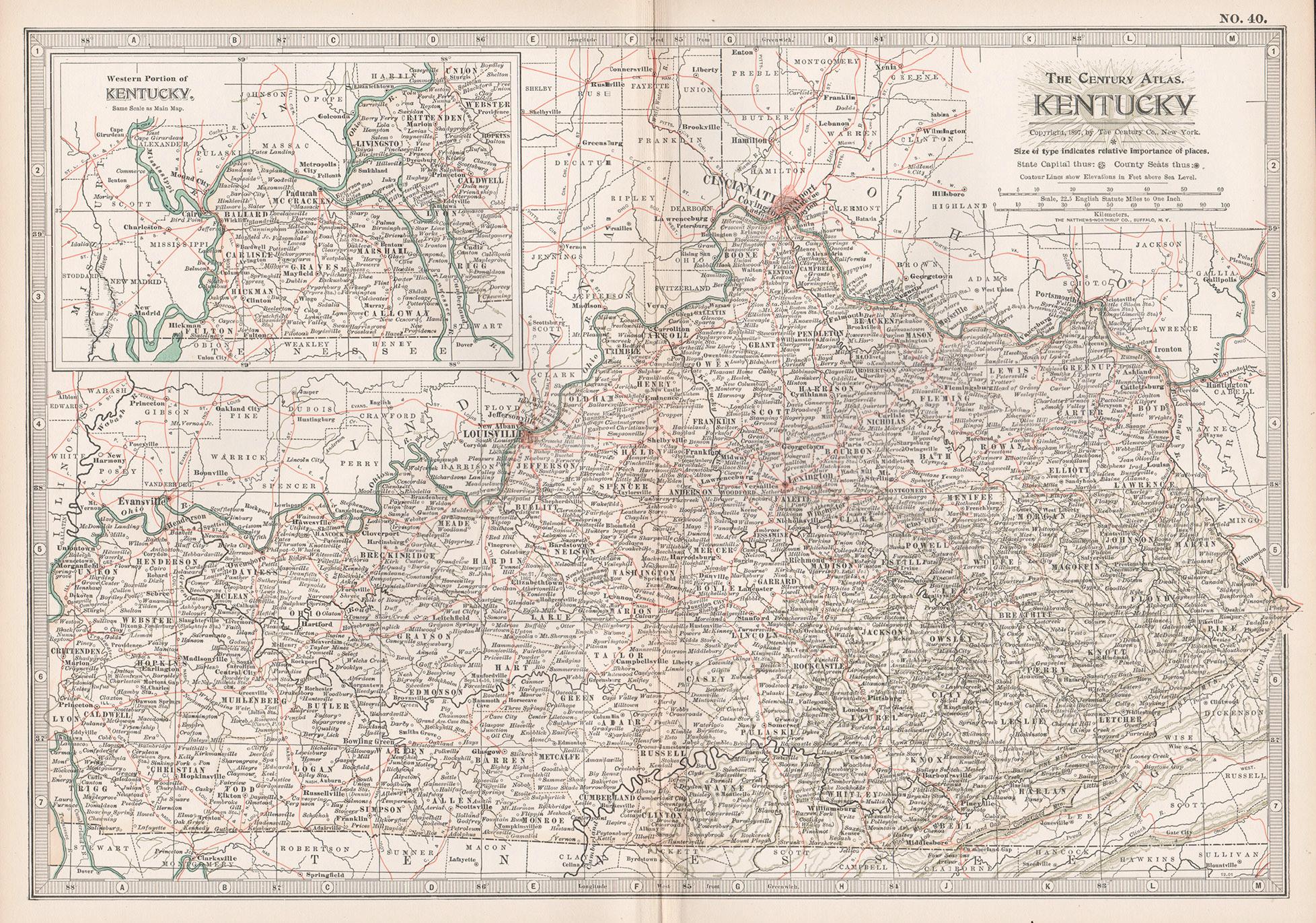 Print di Unknown - Kentucky. USA. Atlante di stato Century Atlas antica mappa d'epoca