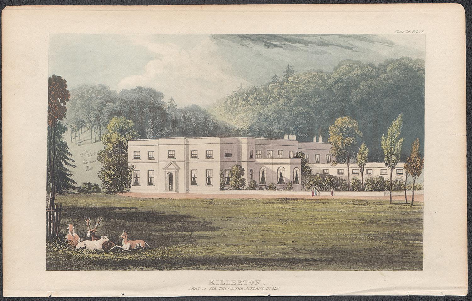 Killerton, Devon, English Regency country house colour aquatint, 1818 - Print by Unknown