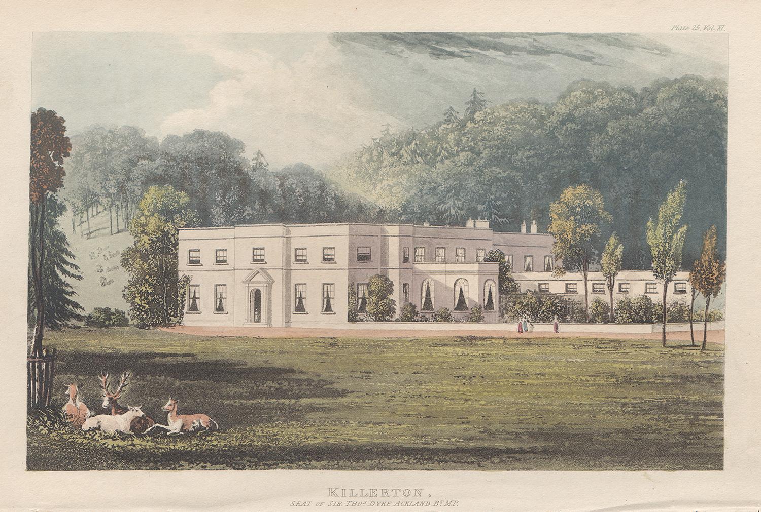 Killerton, Devon, aquatinte couleur maison de campagne de style Régence anglaise, 1818