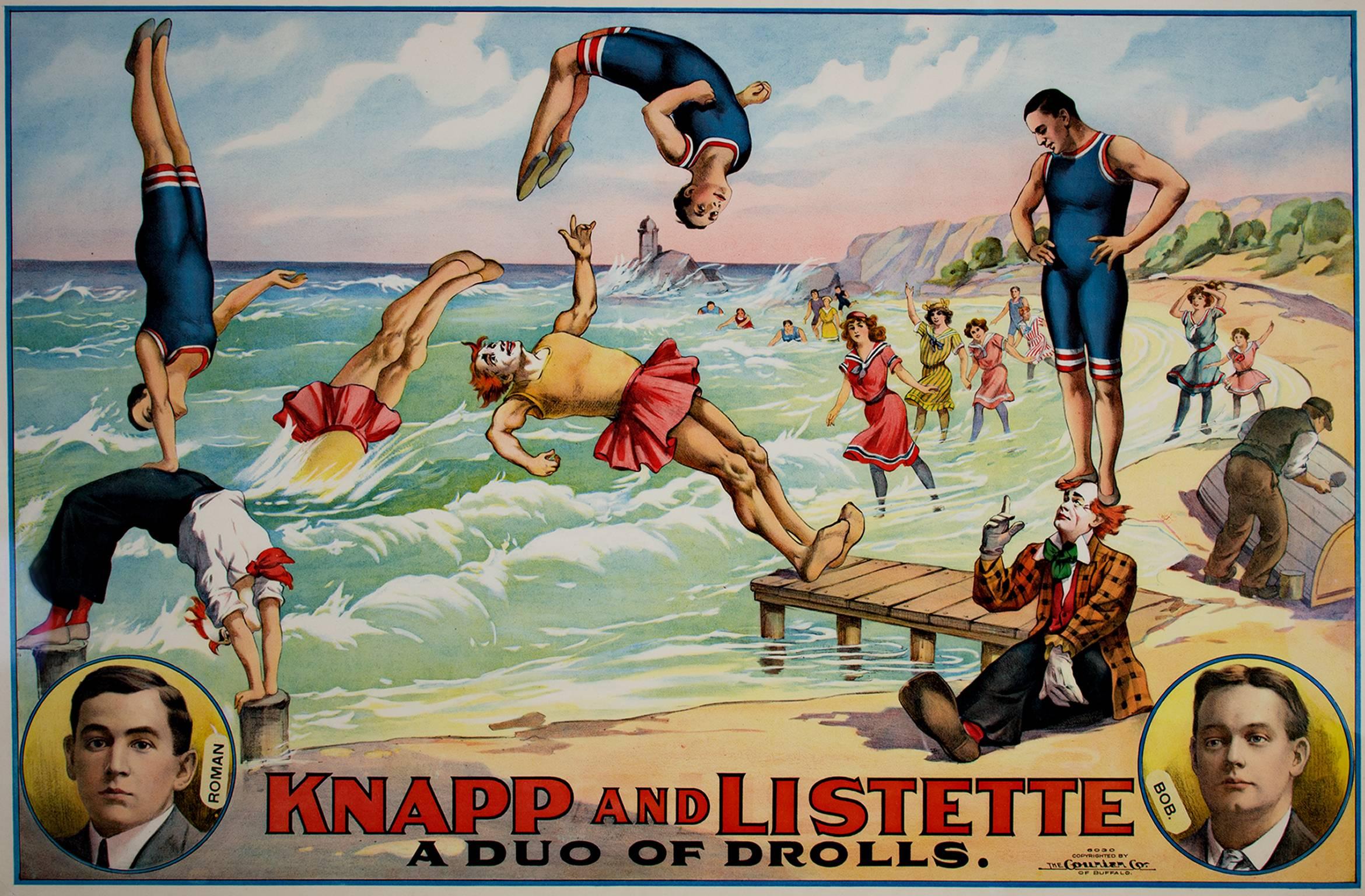 Unknown Figurative Print - "Knapp and Listette: A Duo of Drolls, " Original Color Lithograph Beach View