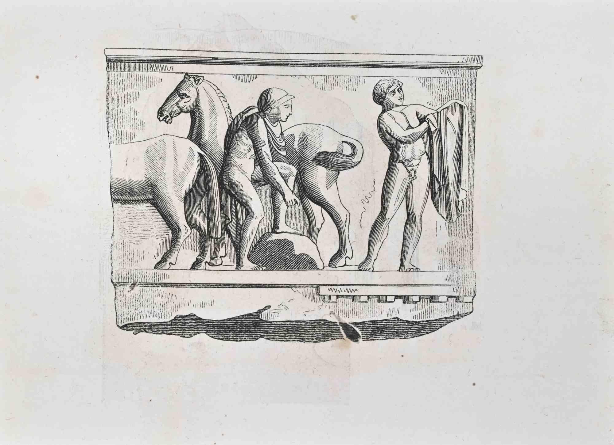 Figurative Print de Unknown - Caballeros y caballos - Grabado xilográfico - 1862