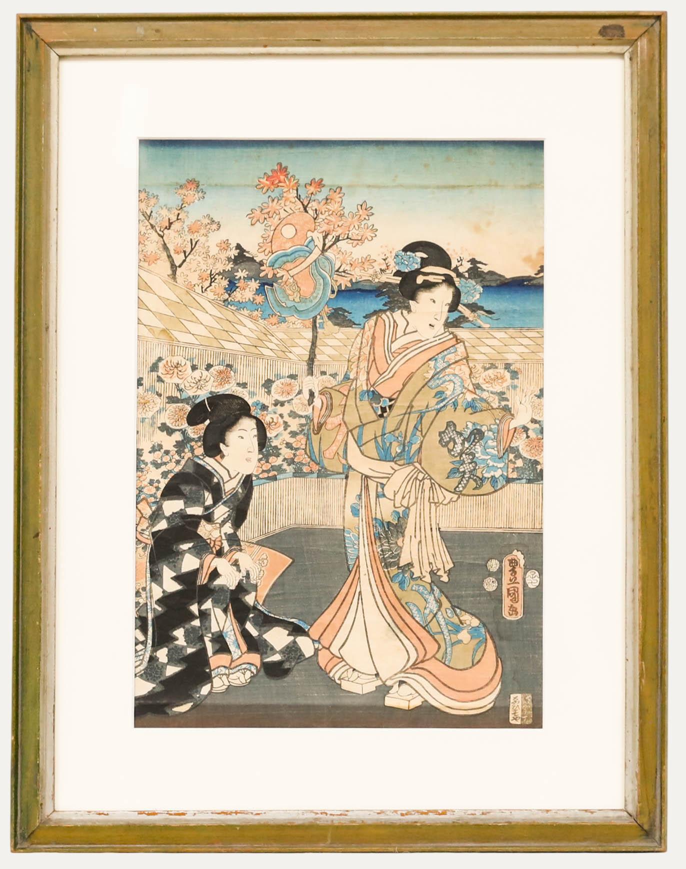 Figurative Print Unknown - Kunisada Utagawa (1786-1865) - Gravure sur bois japonaise, Dames en fleurs