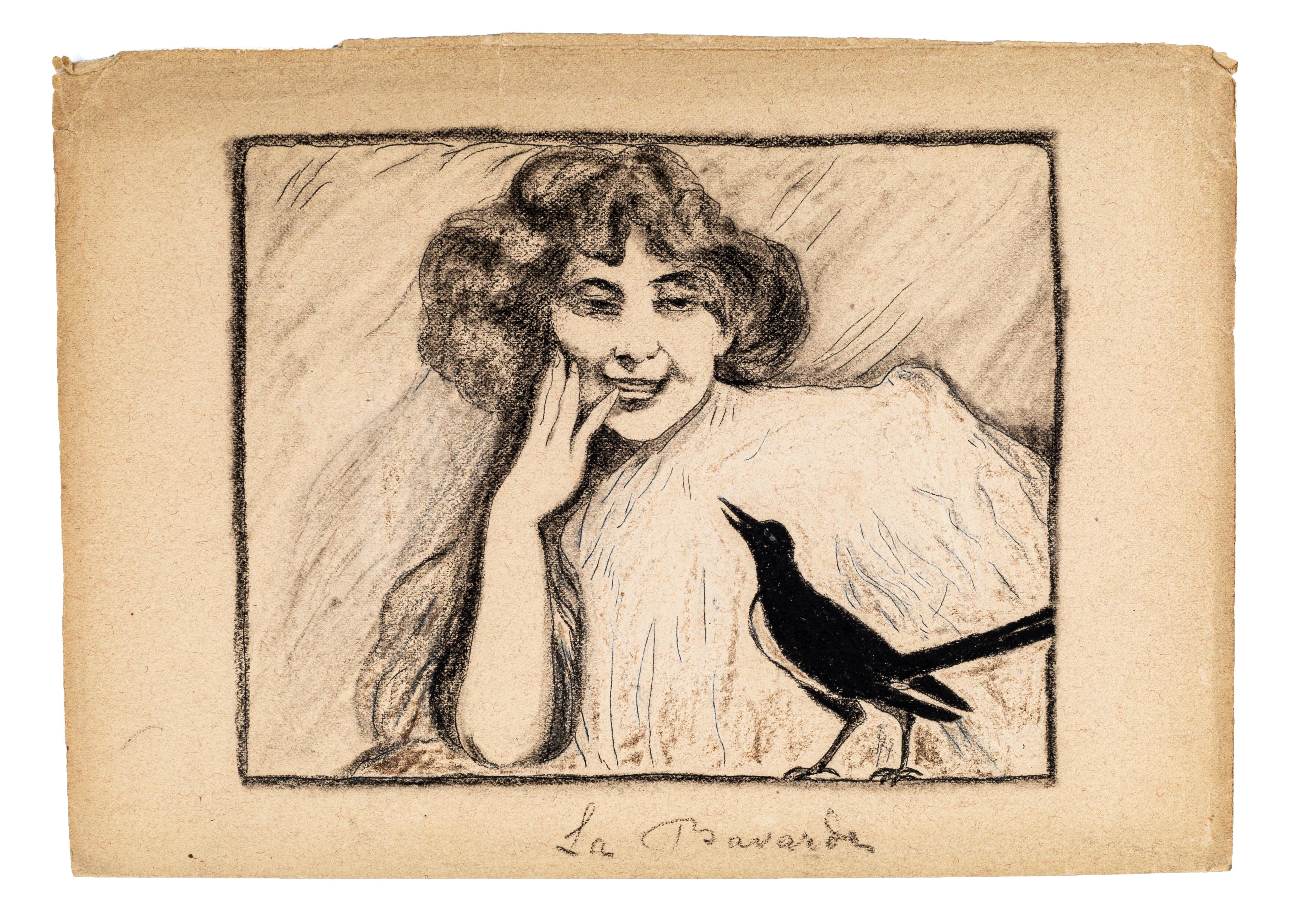 La Bavarde - Original Pen and Charcoal Drawing - Mid 20th Century