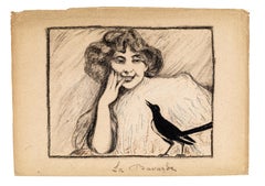 La Bavarde - Original Pen and Charcoal Drawing - Mid 20th Century