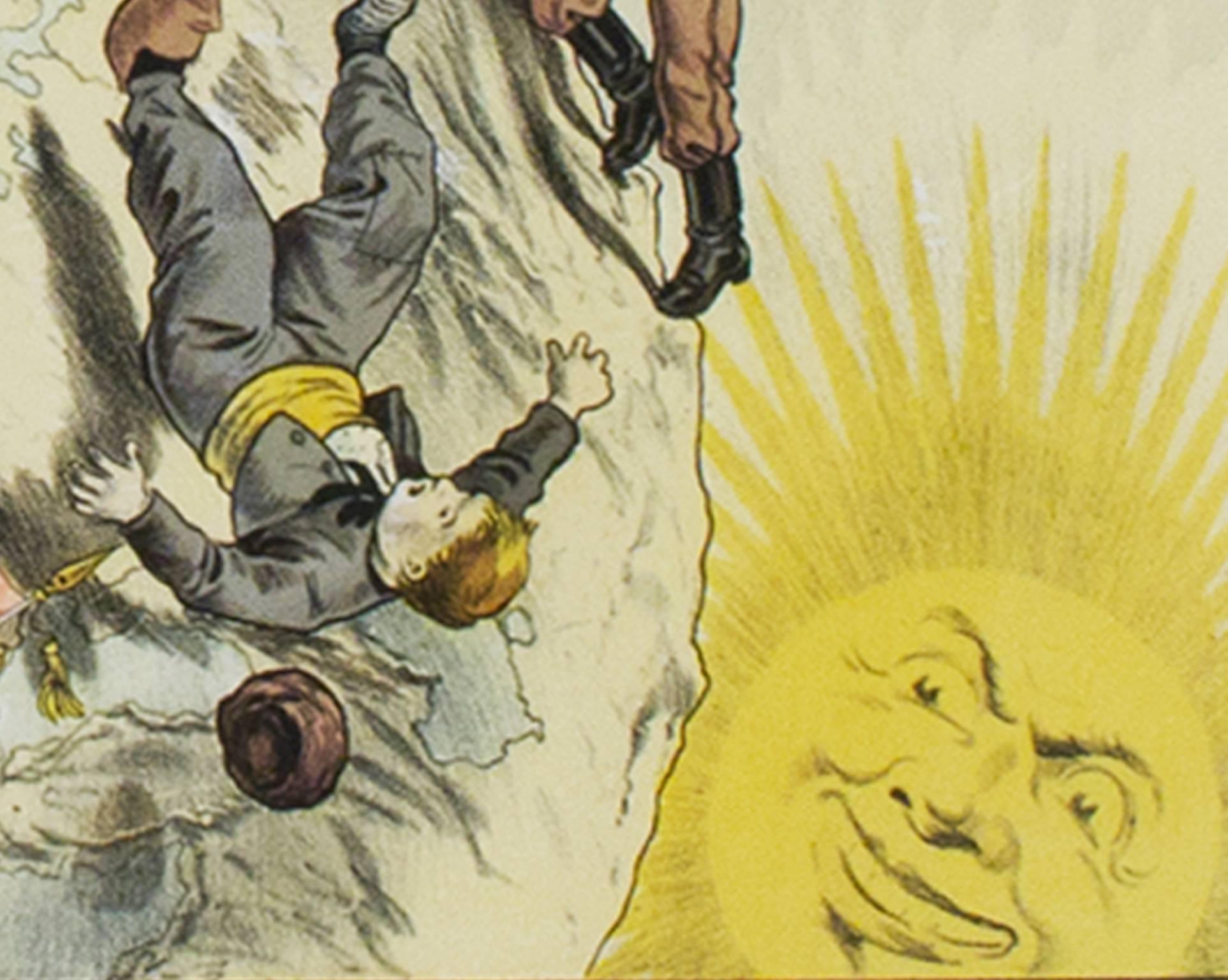 Early 20th century color lithograph poster figures globe flags sun moon text - Print by Unknown