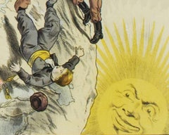 Early 20th century color lithograph poster figures globe flags sun moon text