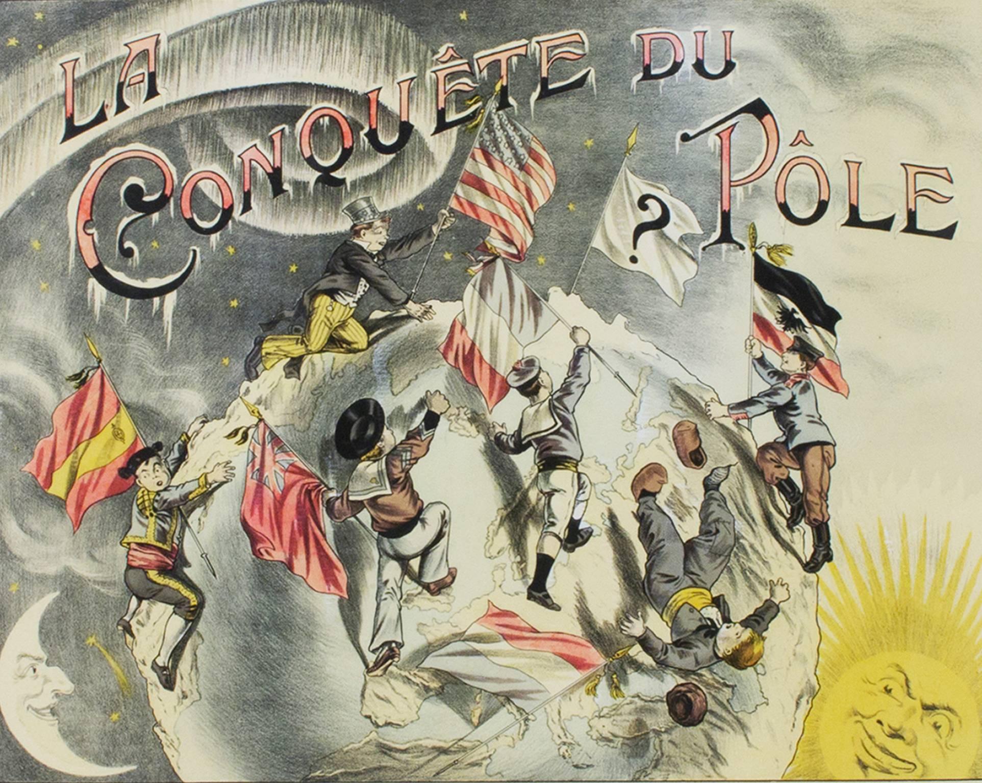Unknown Figurative Print - Early 20th century color lithograph poster figures globe flags sun moon text