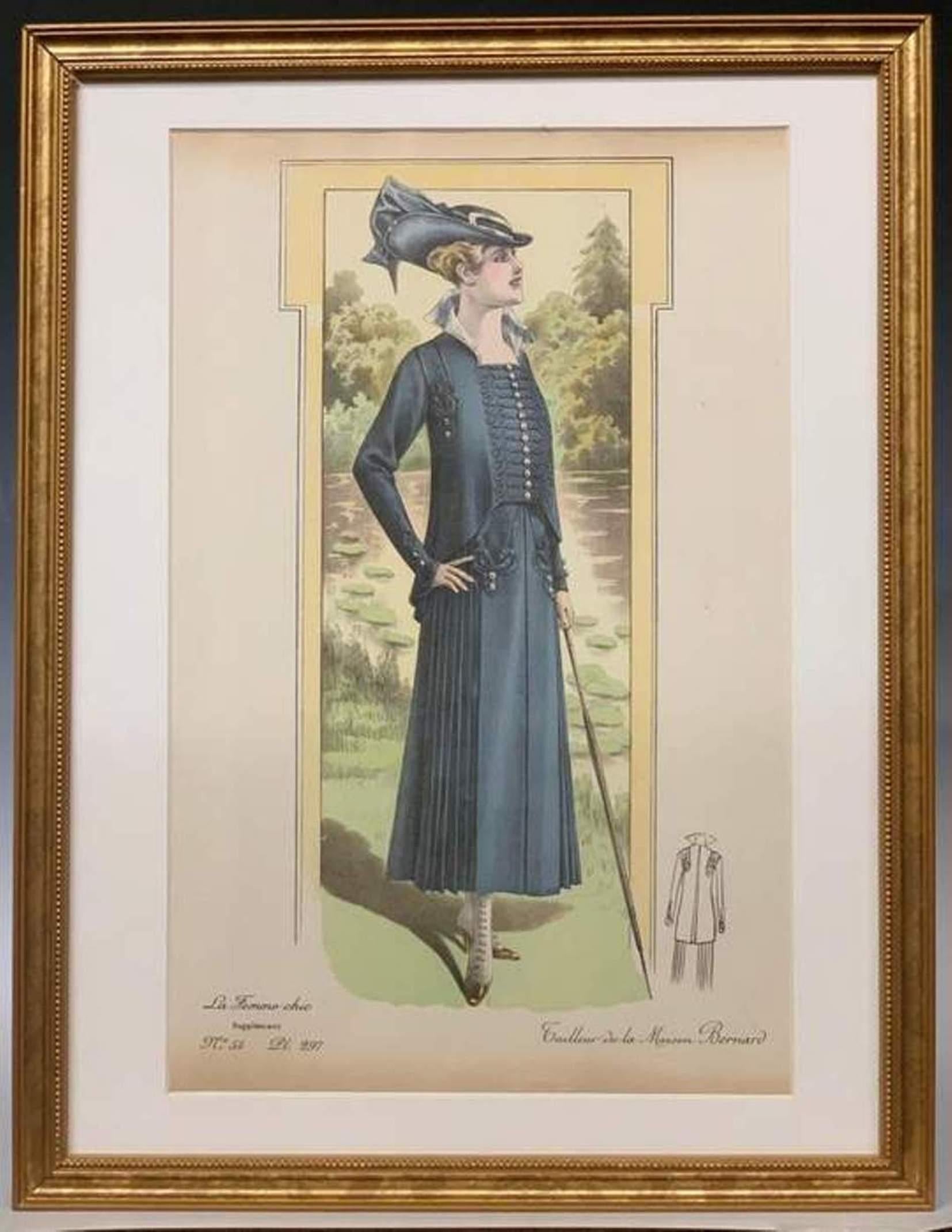 'La Femme Chic' French Belle Époque Fashion Prints, Framed Set
Set of twelve framed original color lithographs of French fashions from 'La Femme Chic' 
1914. La Femme Chic was an important French periodical that debuted in the early 1900s 
and
