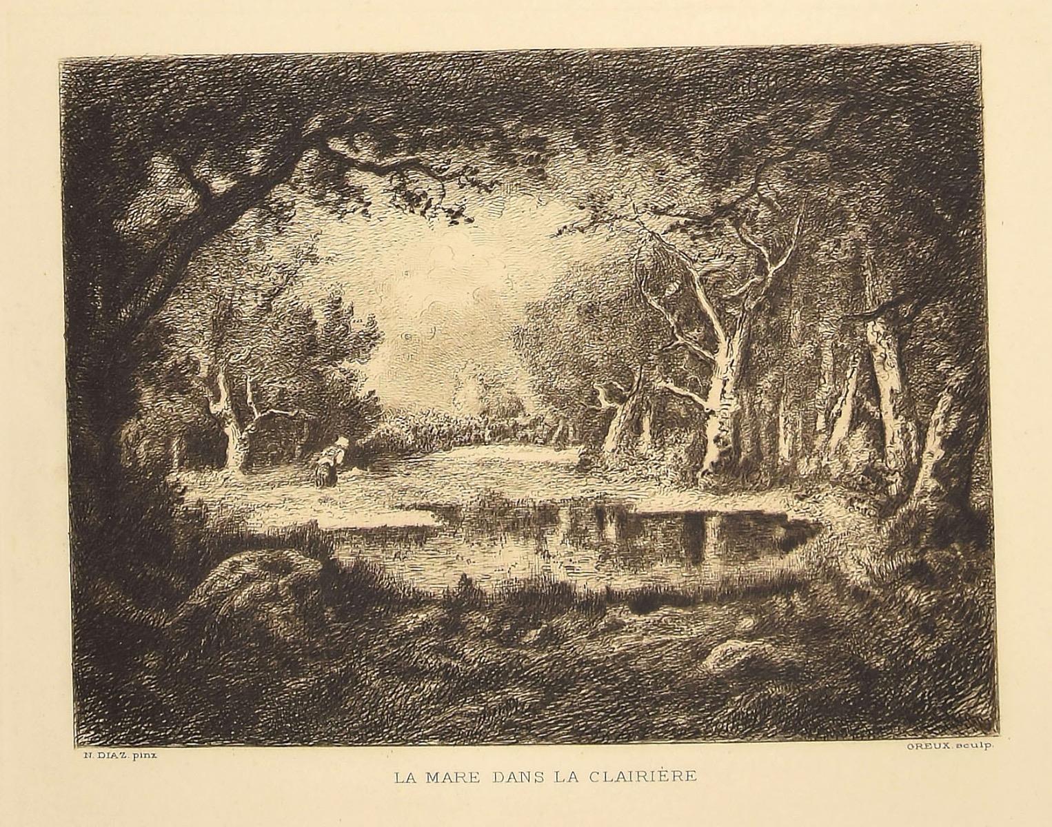 Unknown Figurative Print - La Mare dans la clairière - Etching after N. Diaz de la Pena - 1880 ca