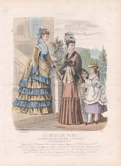 Antique La Mode de Paris, French late 19th century colour fashion illustration engraving