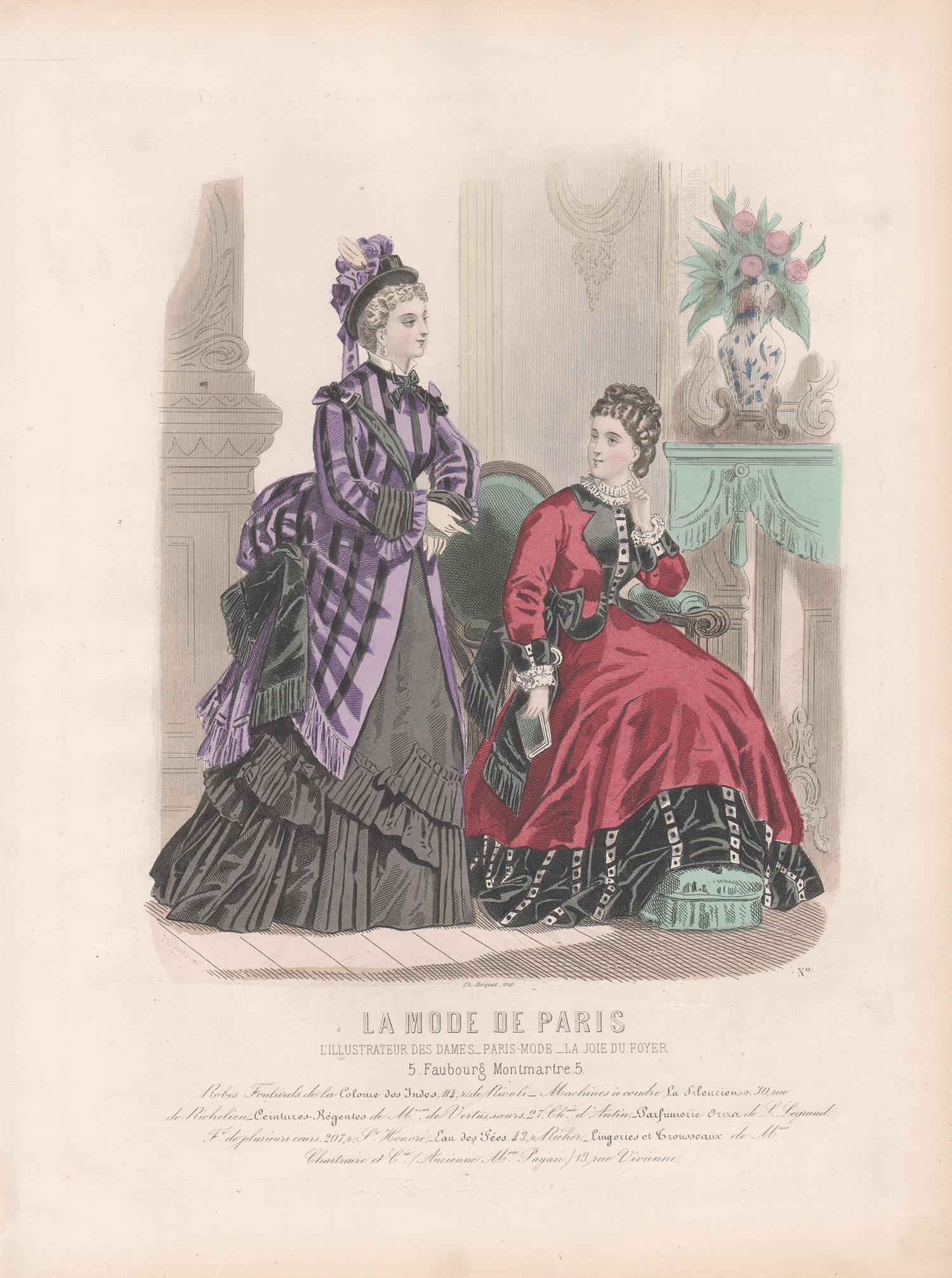 Unknown Figurative Print - La Mode de Paris, French late 19th century colour fashion illustration engraving
