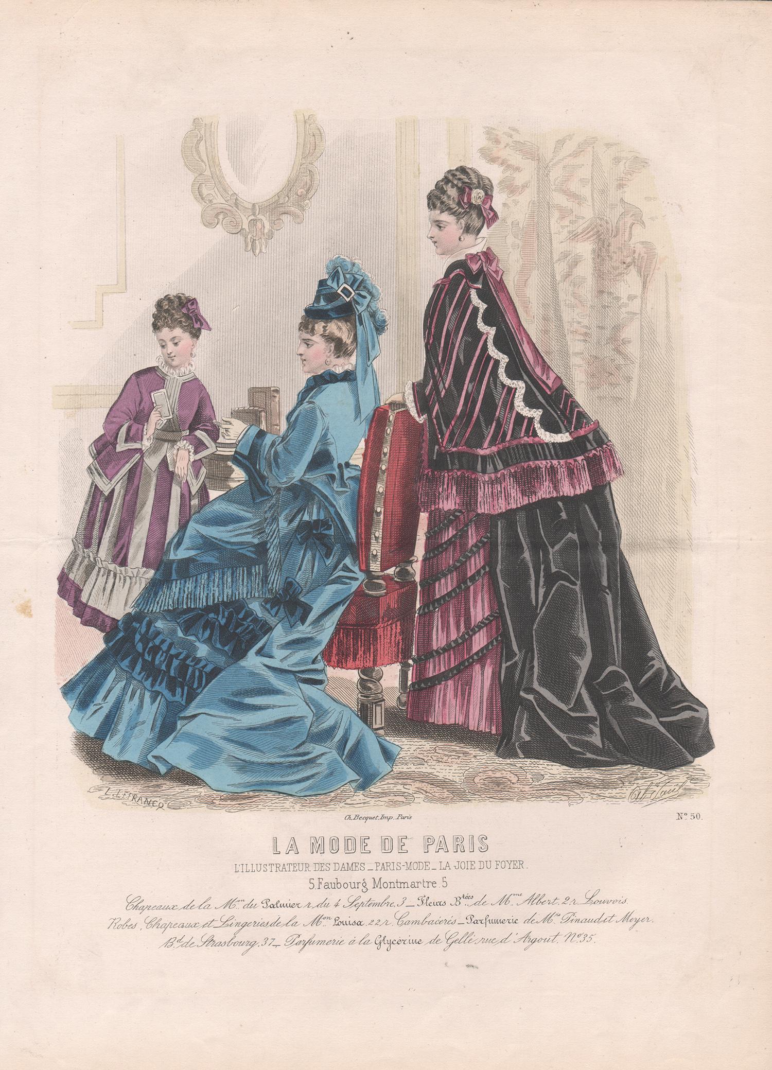 Unknown Figurative Print - La Mode de Paris, French late 19th century colour fashion illustration engraving