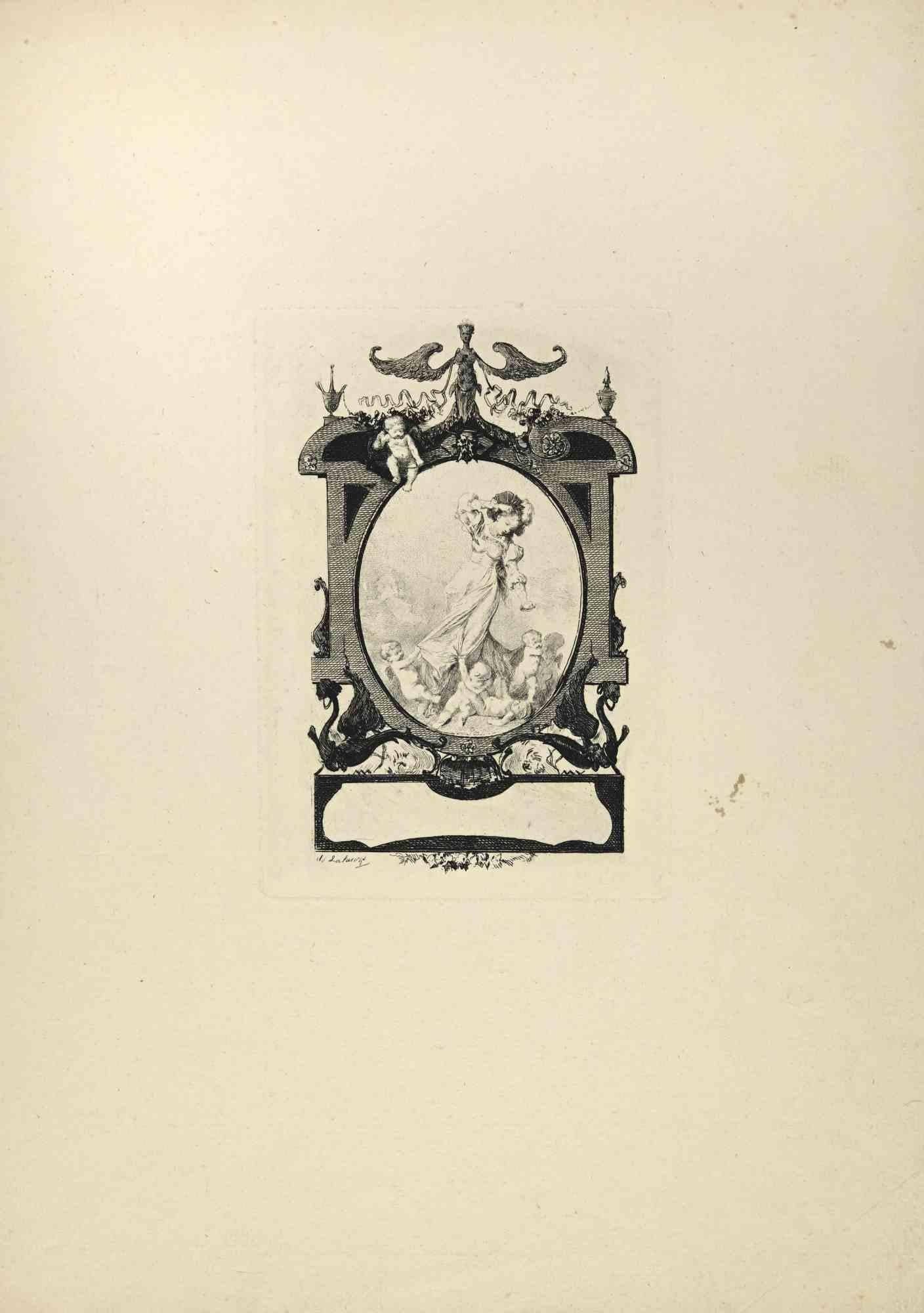 Lady with Children - Etching - 19th century