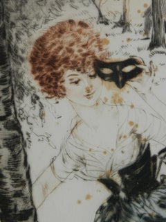 Lady with Lamb signé par Kaby Engraving c1920 français