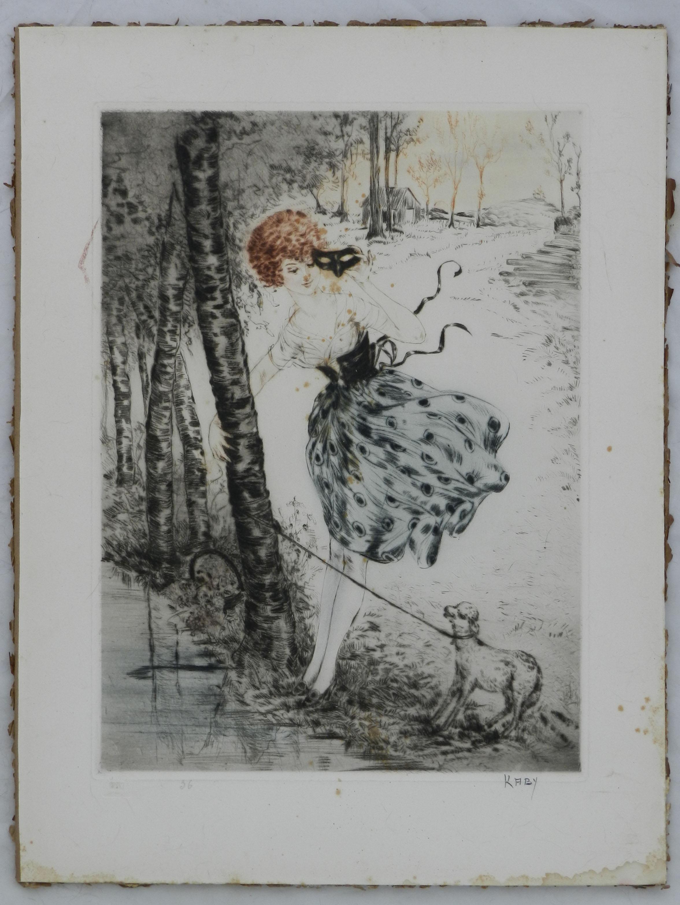 Lady with Lamb Signed by Kaby Engraving c1920 French For Sale 3