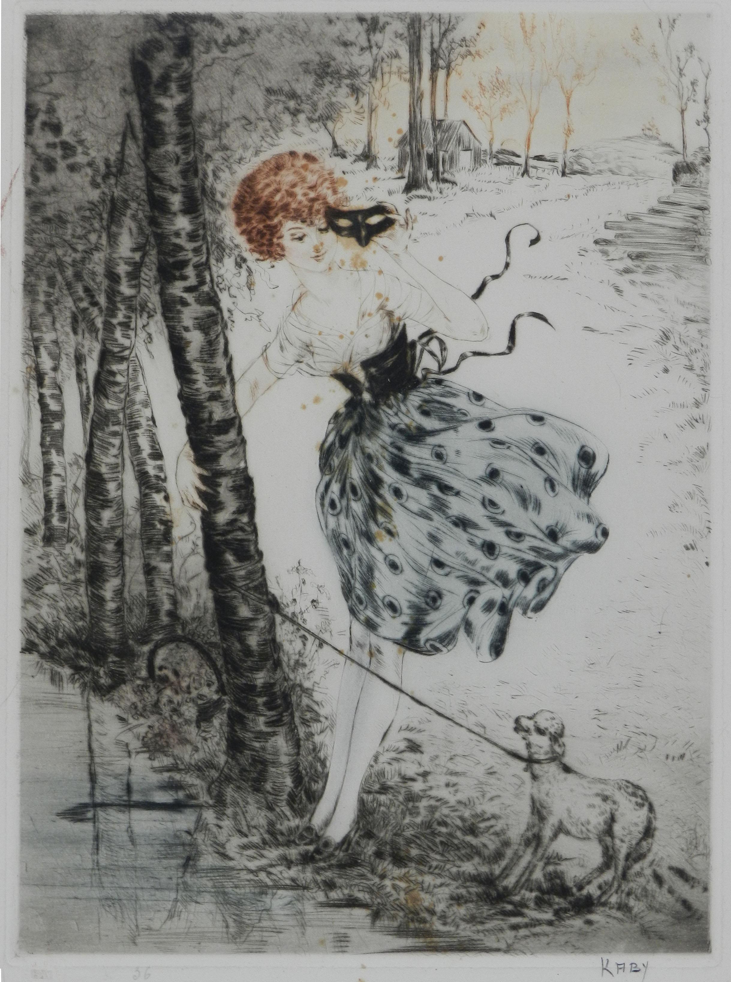Lady with Lamb signé par Kaby Engraving c1920 français