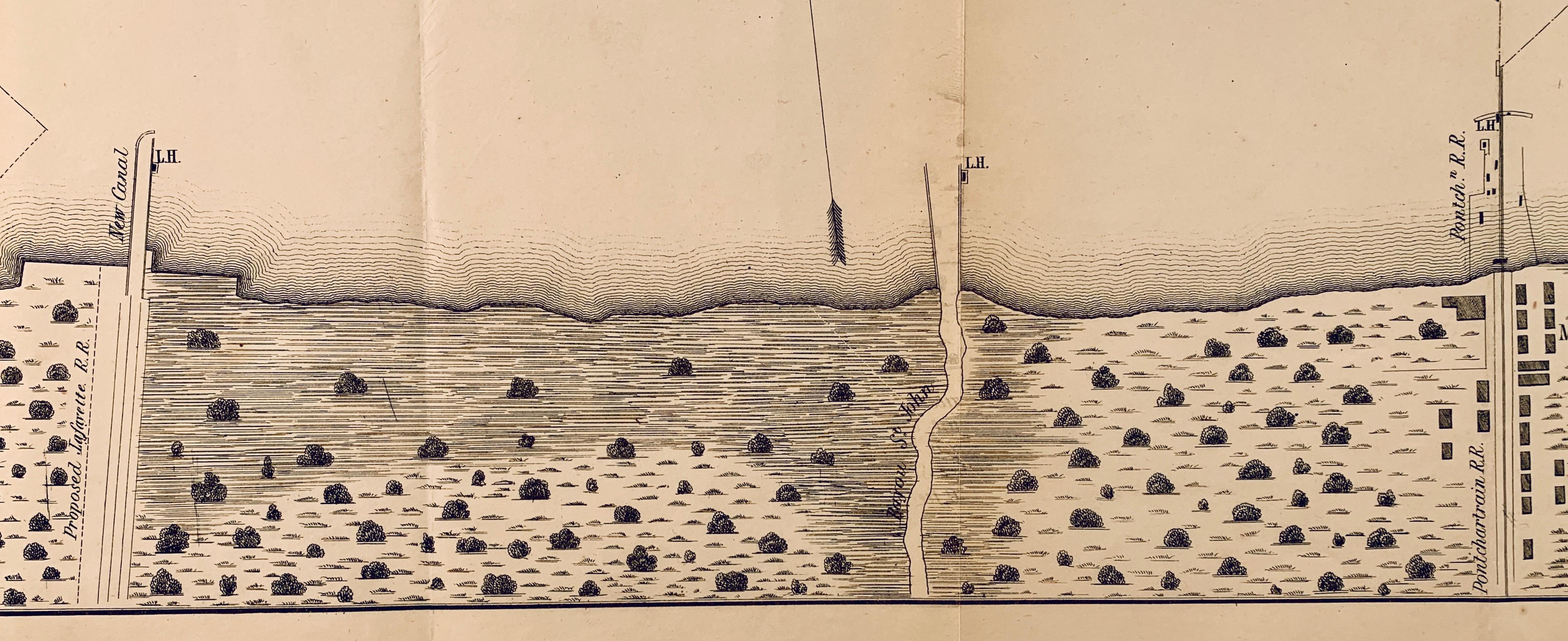 Original 1853 engraving of a plan of the southern shore of Lake Ponchartrain in New Orleans, Louisiana. The plan shows projected construction of wooden breakwaters in the lake that were designed 