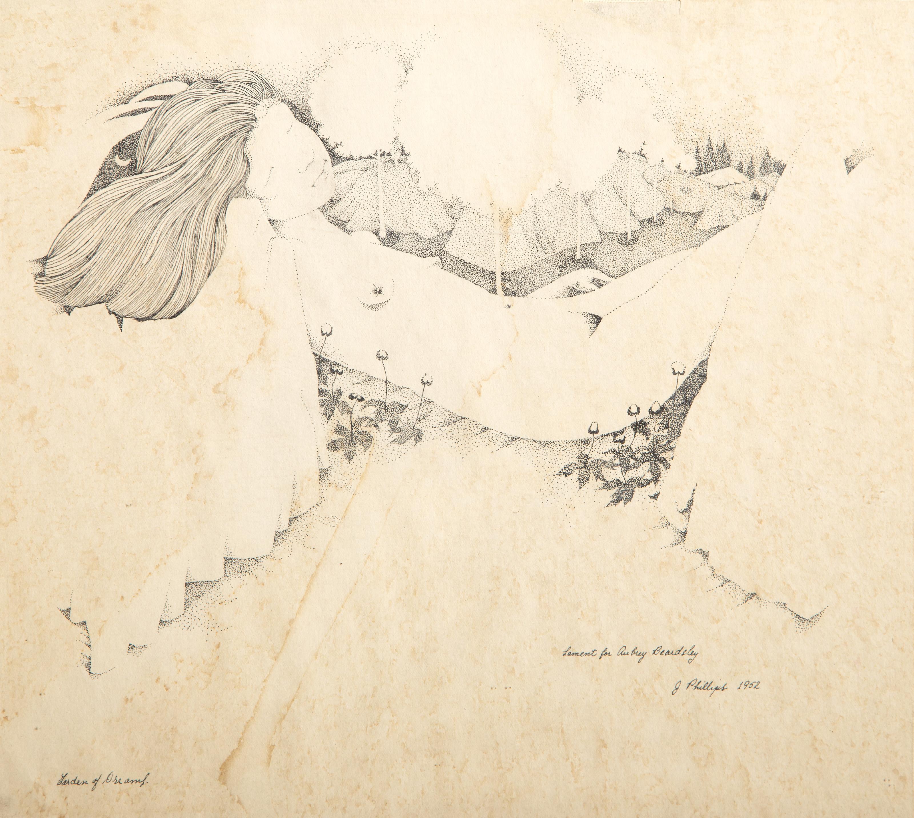 Lament for Aubrey Beardsley - Garden of Dreams, Surrealist Etching - Print by Unknown