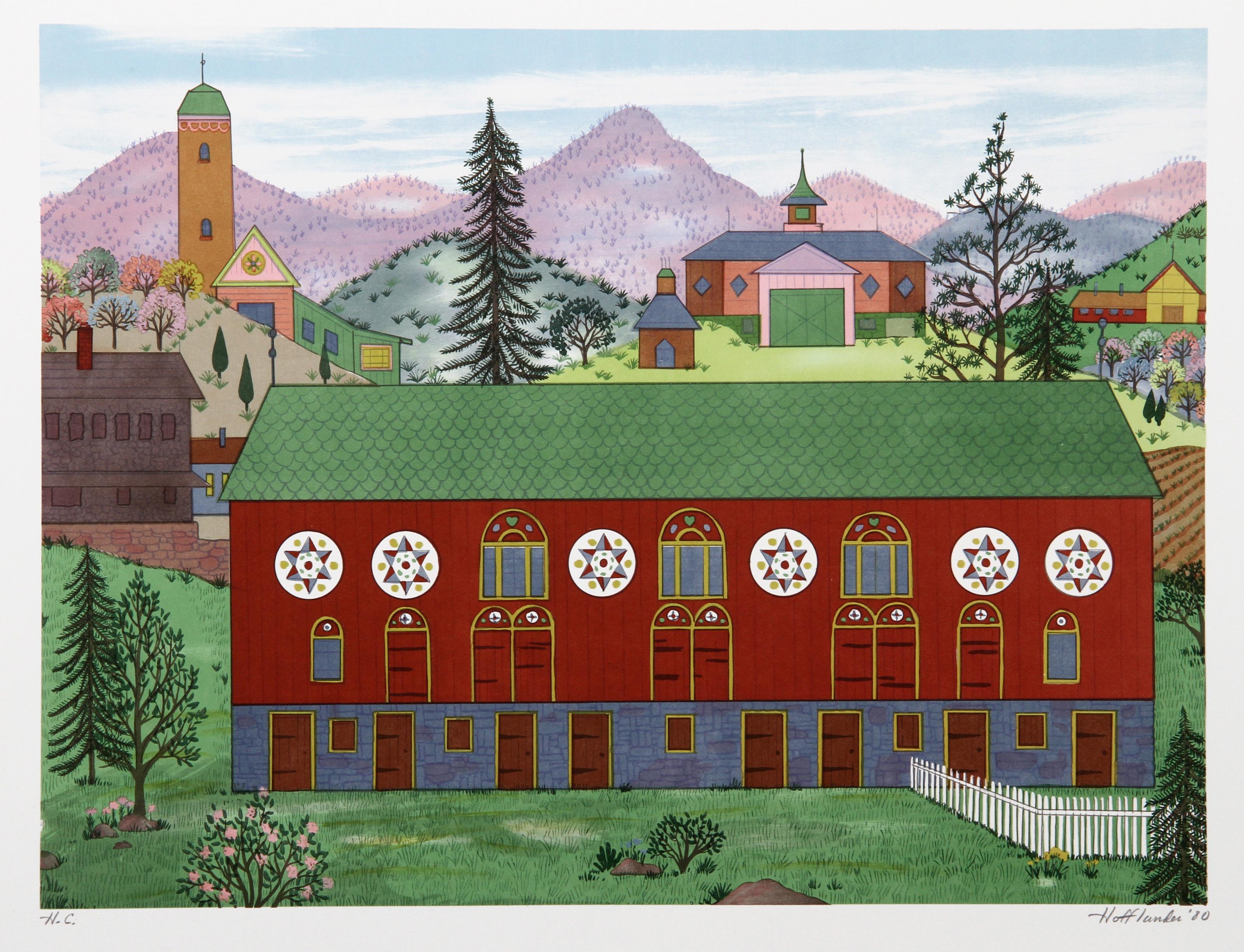 Jack Hofflander, estadounidense (1920 - 2003) - Graneros de Lancaster, Año:  hacia 1980, Medio:  Serigrafía, firmada y numerada a lápiz, Edición:  250, 35 AP, Tamaño de la imagen:  15 x 20 pulgadas, Tamaño:  53,34 cm x 66,04 cm, Descripción:  En un