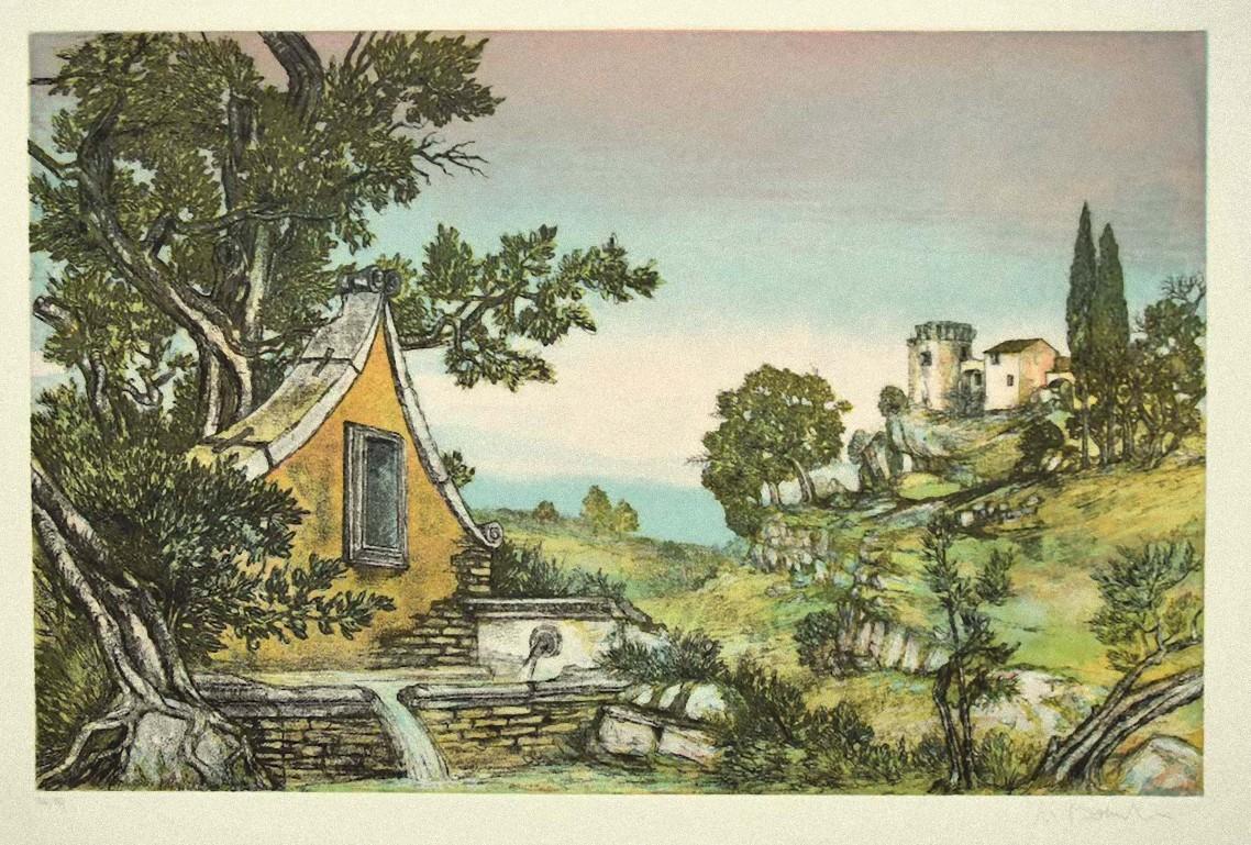 Unknown Figurative Print – Landschaft - Original-Radierung - Mitte des 20. Jahrhunderts