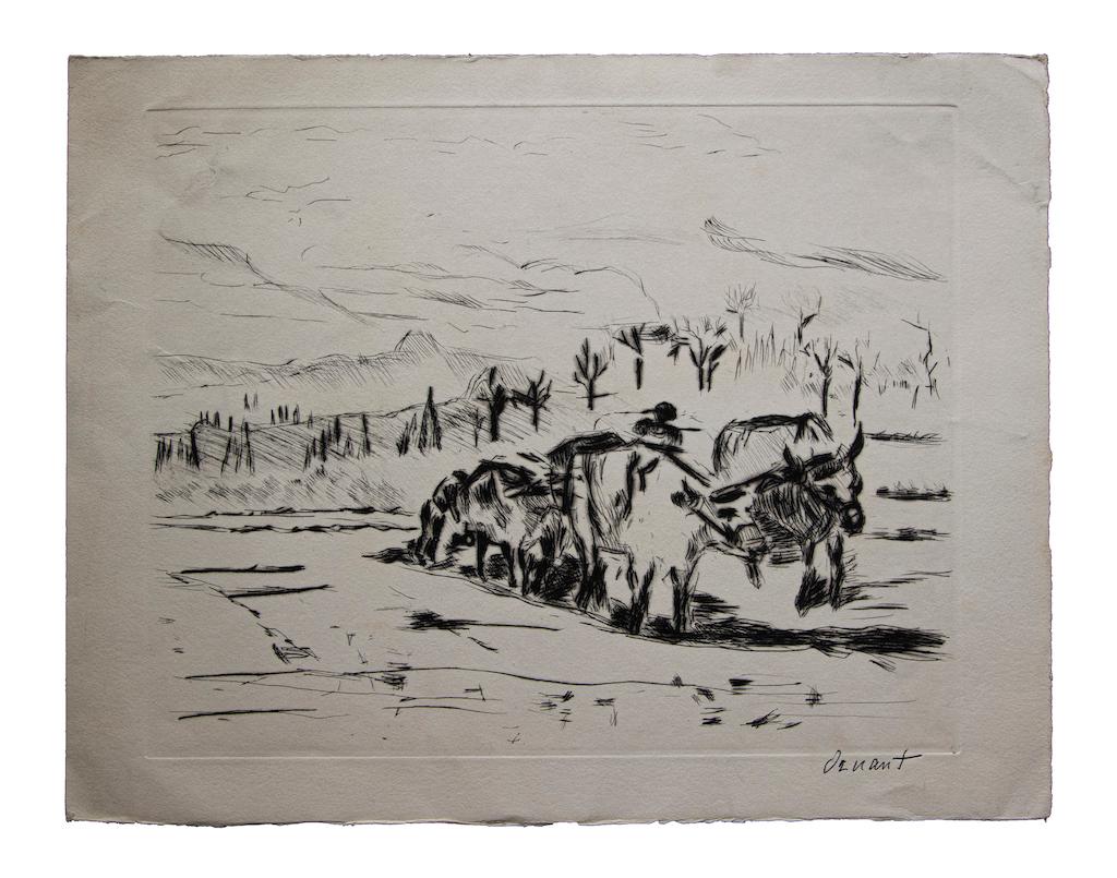 Landscape - Original Etching signed Oznant - Early 20th Century
