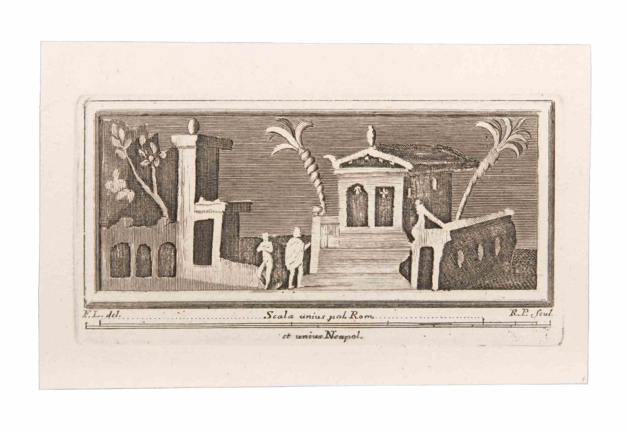 Unknown Figurative Print - Landscape with Monuments and Figures - Etching - 18th Century