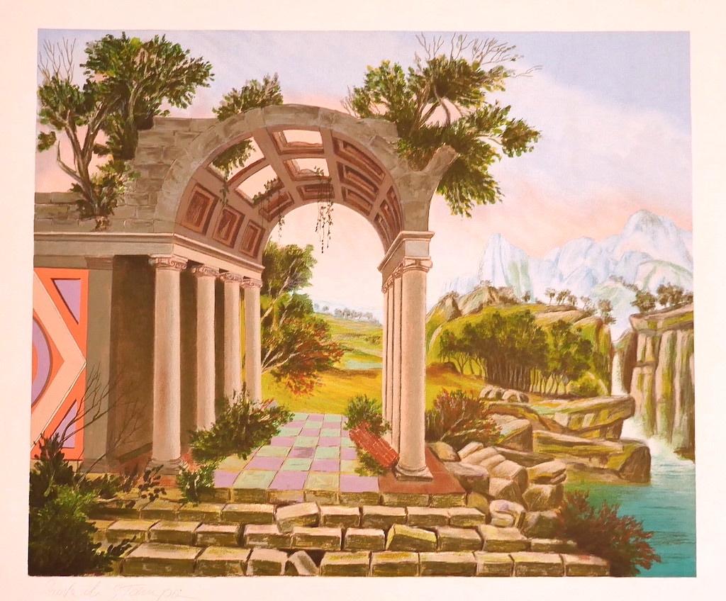 Unknown Figurative Print - Landscape with Ruins - Lithograph - Late 20th Century