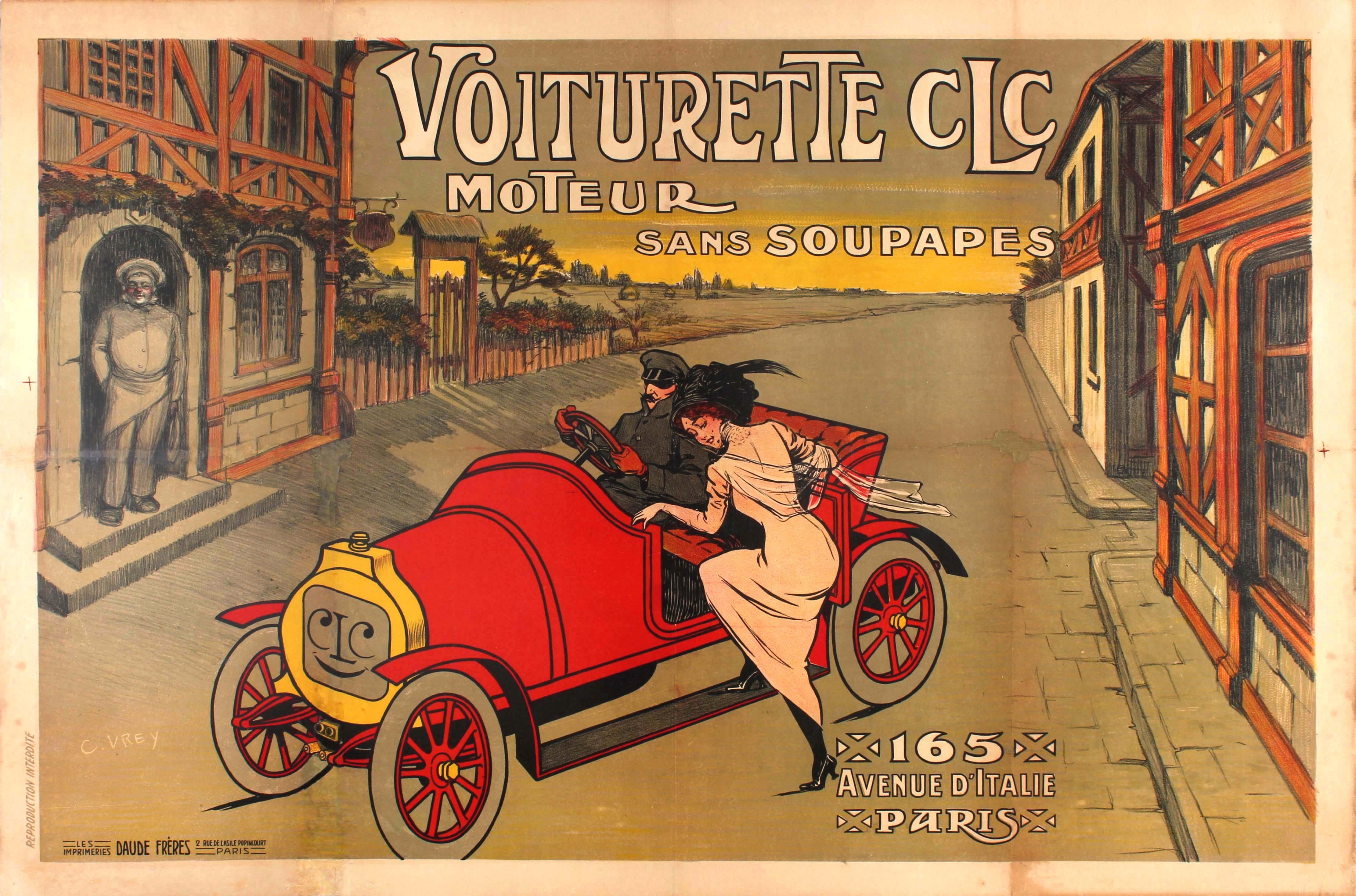 Unknown Print - Large Early Original Antique Car Poster For The Voiturette CLC Automobile Paris