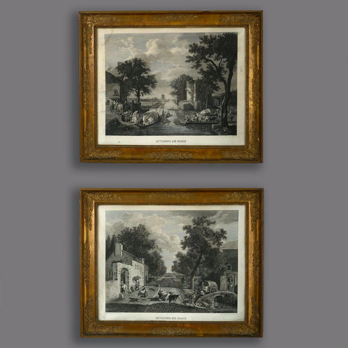 Landscape Print Unknown - Grande paire de gravures d'époque Empire du début du XIXe siècle