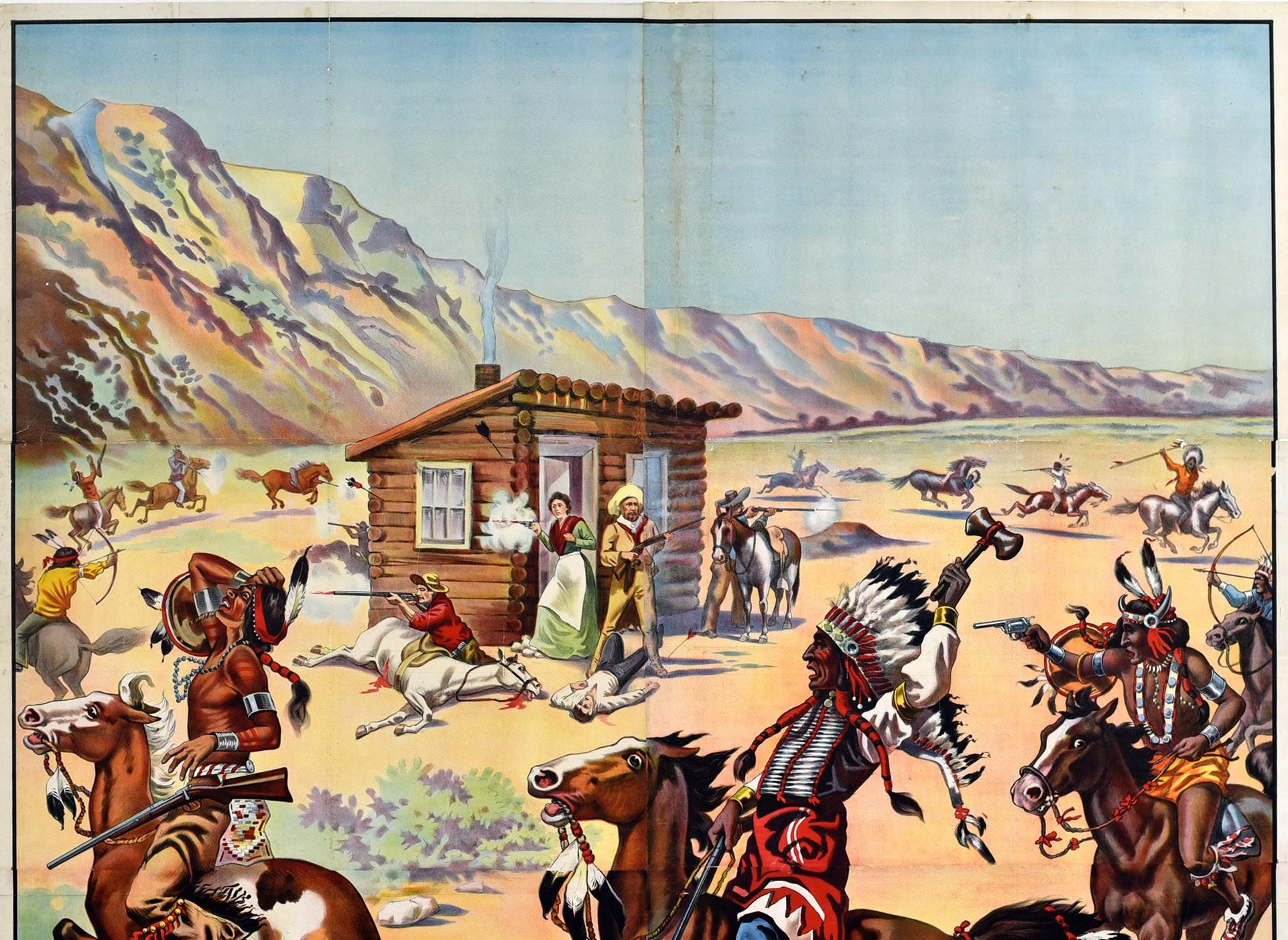Large Six Sheet Original Antique Poster Log Cabin Attack Wild West Show USA - Print by Unknown