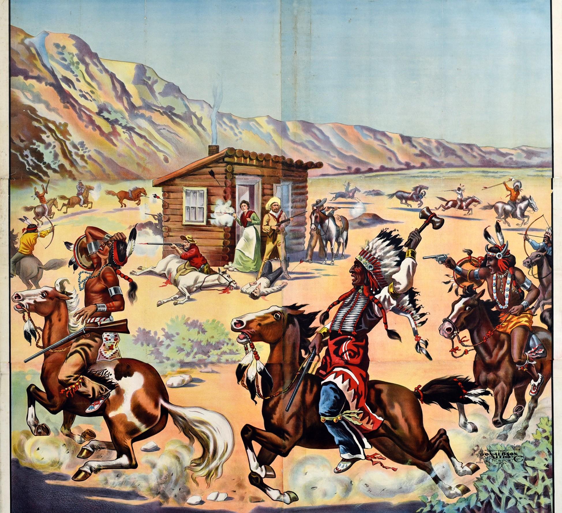 Large Six Sheet Original Antique Poster Log Cabin Attack Wild West Show USA - Beige Print by Unknown