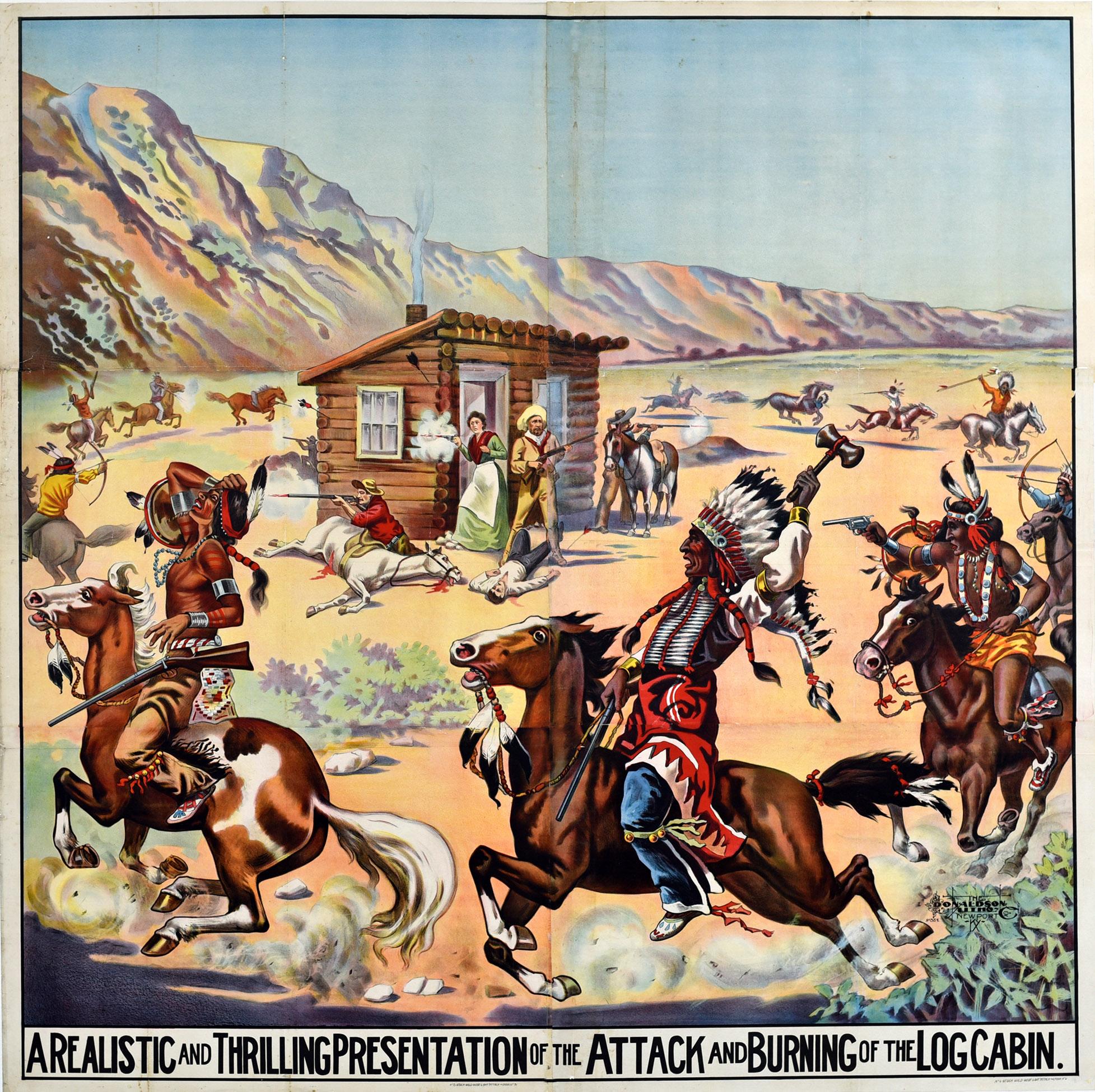 Unknown Print - Large Six Sheet Original Antique Poster Log Cabin Attack Wild West Show USA