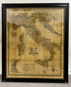 Large Vintage Antiqued Stanford Map of Italy in Black & Gold Frame