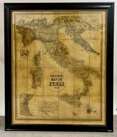 Large Vintage Antiqued Stanford Map of Italy in Black & Gold Frame