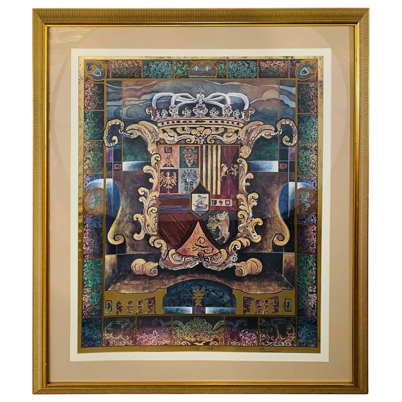 A large vintage heraldic shield with crown print showing intricate details. The print is matted and framed in a custom gilt wood frame. 

Dimensions: 43" W x 1.25" D x 52.25" H